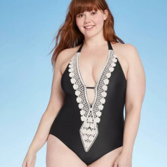 Kona Sol SZ M Crochet Trim Black Halter One Piece Swimsuit Beach Vacation Boho - Picture 5 of 12